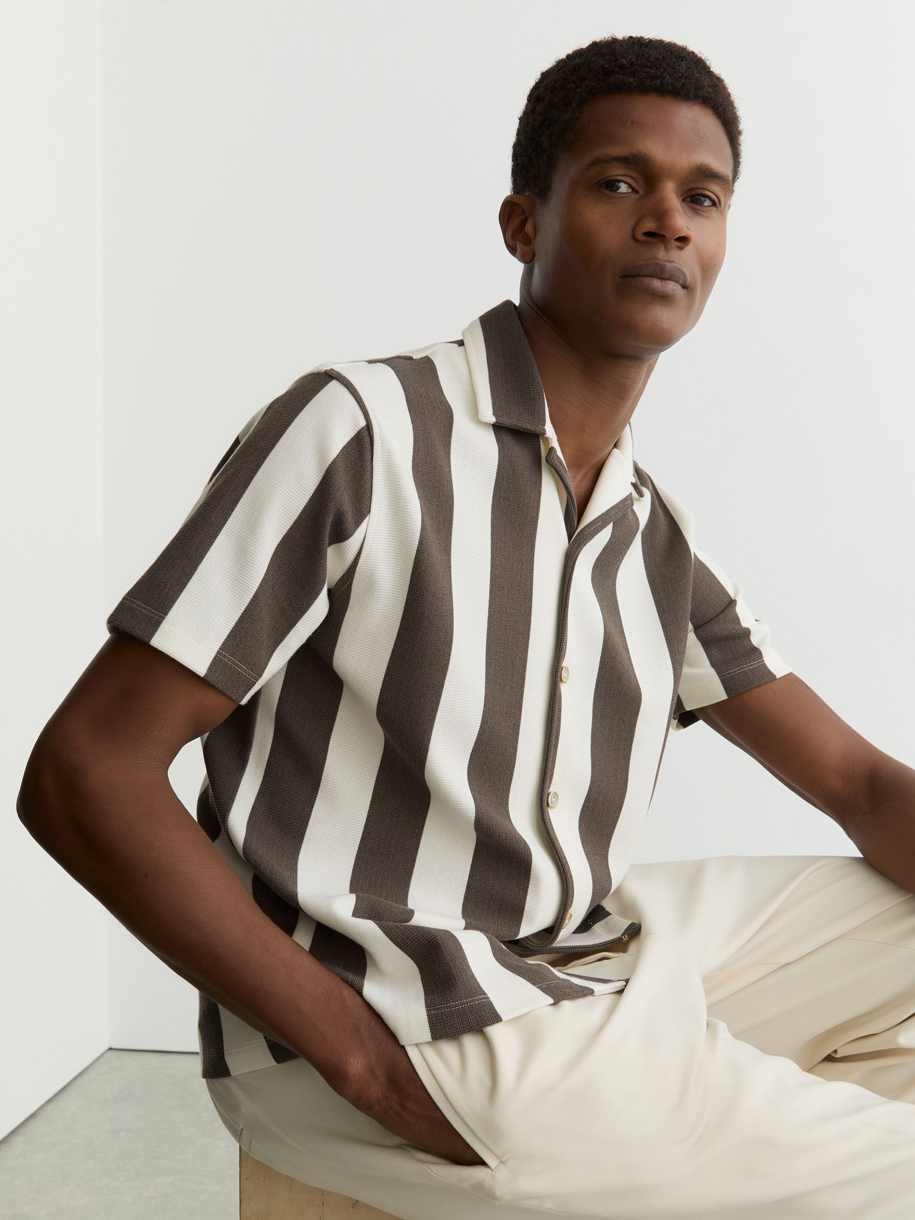 Buy Reiss Brown/Off White Dexter Block-Stripe Cuban-Collar Shirt