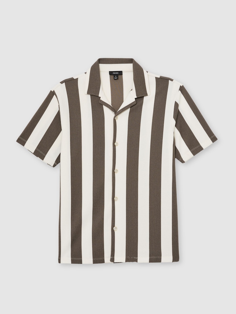 Reiss Brown/Off White Dexter Block-Stripe Cuban-Collar Shirt - Image 2 of 7