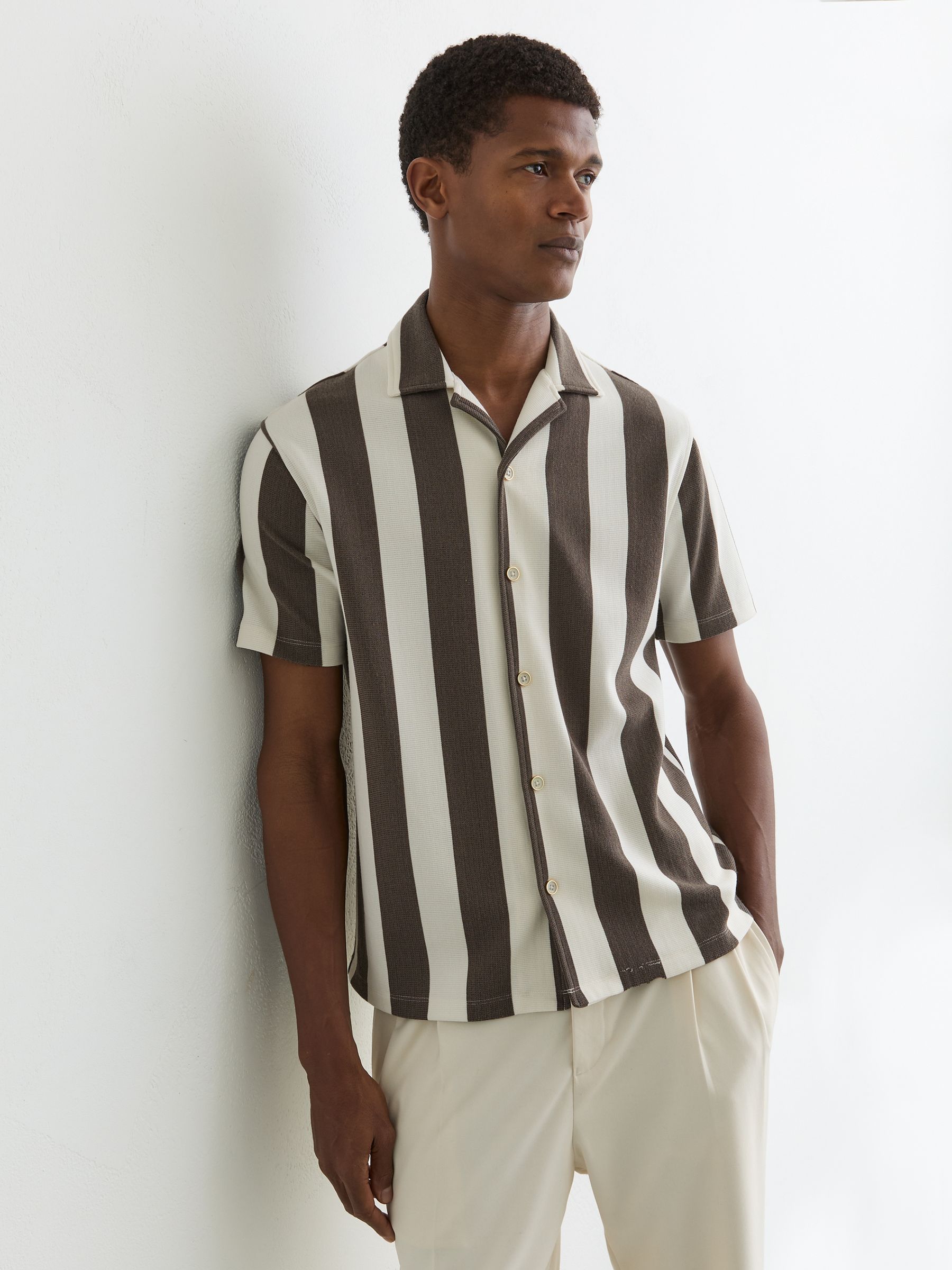 Buy Reiss Brown/Off White Dexter Block-Stripe Cuban-Collar Shirt