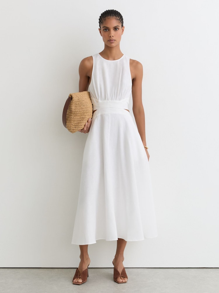 Reiss Ivory Hazel Linen-Cotton Cut-Out Midi Dress - Image 1 of 7 Reiss Ivory Hazel Linen-Cotton Cut-Out Midi Dress - Image 1 of 7
