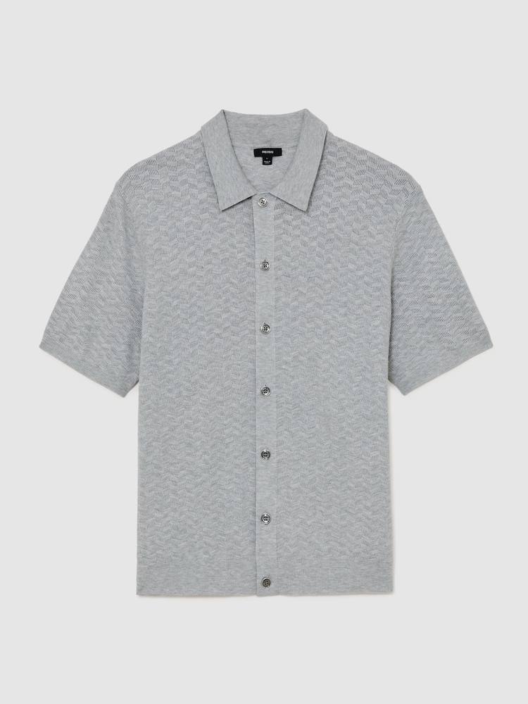 Reiss Soft Grey Phoenix Textured-Knit Button-Through Shirt - Image 2 of 6 Reiss Soft Grey Phoenix Textured-Knit Button-Through Shirt - Image 2 of 6