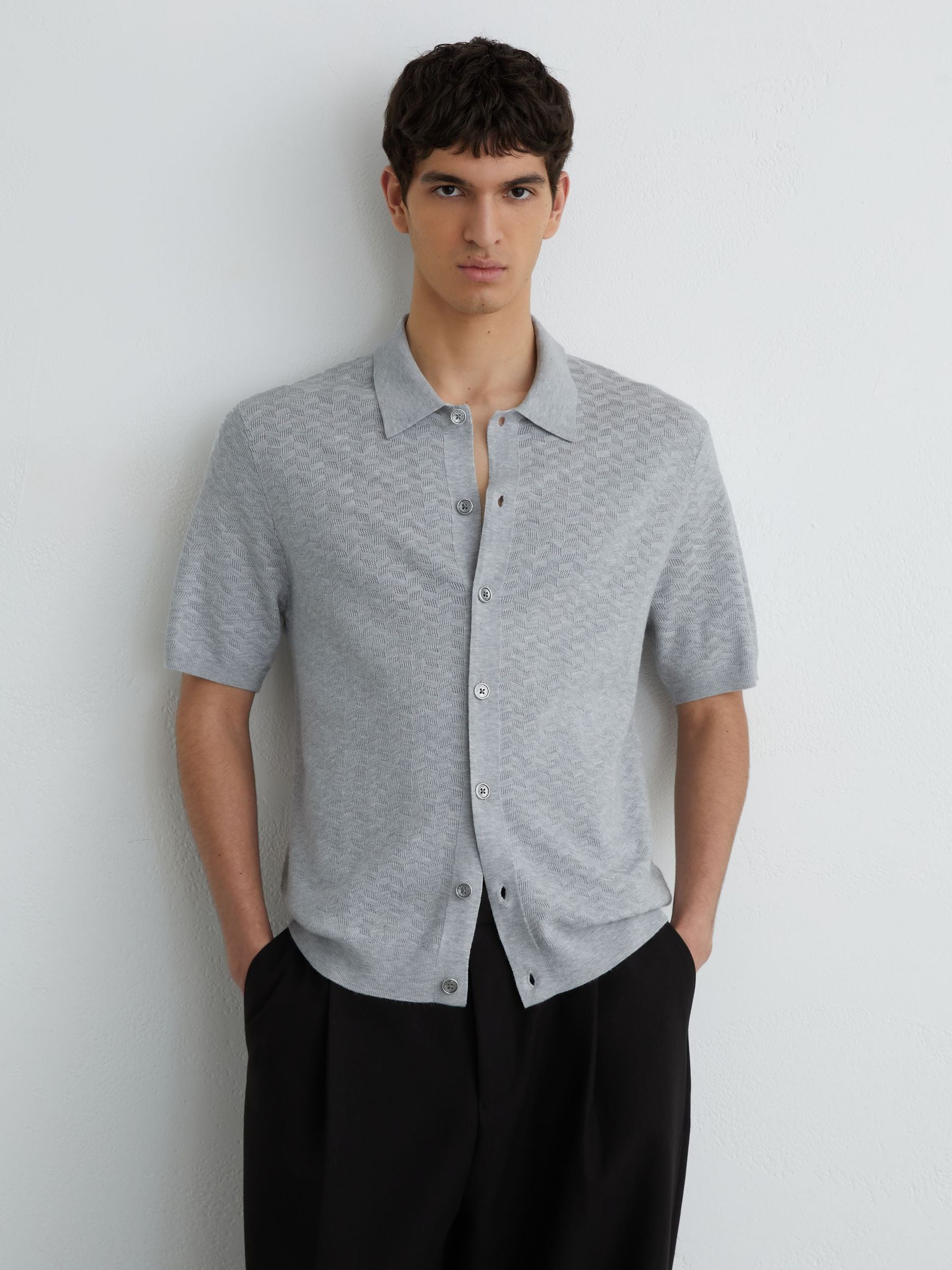Buy Reiss Soft Grey Phoenix Textured-Knit Button-Through Shirt