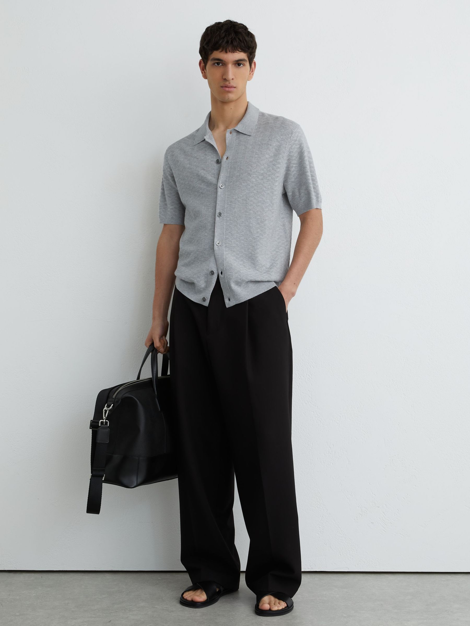 Buy Reiss Soft Grey Phoenix Textured-Knit Button-Through Shirt
