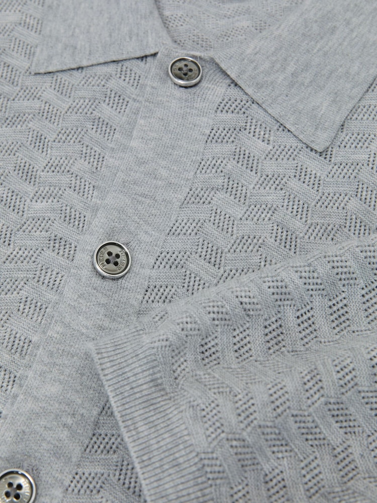 Reiss Soft Grey Phoenix Textured-Knit Button-Through Shirt - Image 6 of 6 Reiss Soft Grey Phoenix Textured-Knit Button-Through Shirt - Image 6 of 6
