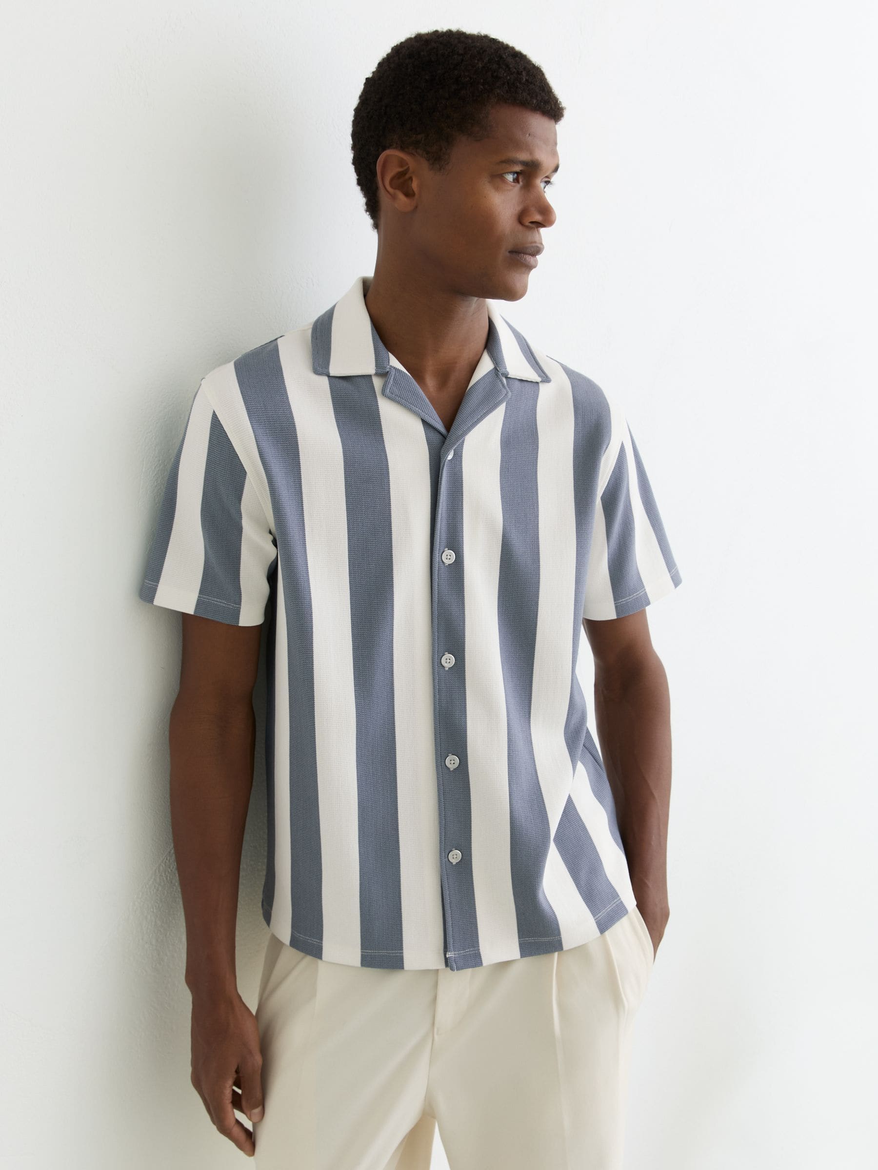 Buy Reiss Airforce Blue/Off White Dexter Block-Stripe Cuban-Collar