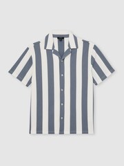 Reiss Airforce Blue/Off White Dexter Block-Stripe Cuban-Collar Shirt - Image 2 of 6
