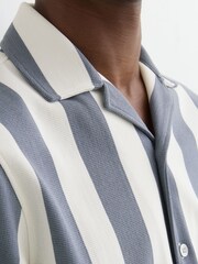 Reiss Airforce Blue/Off White Dexter Block-Stripe Cuban-Collar Shirt - Image 4 of 6