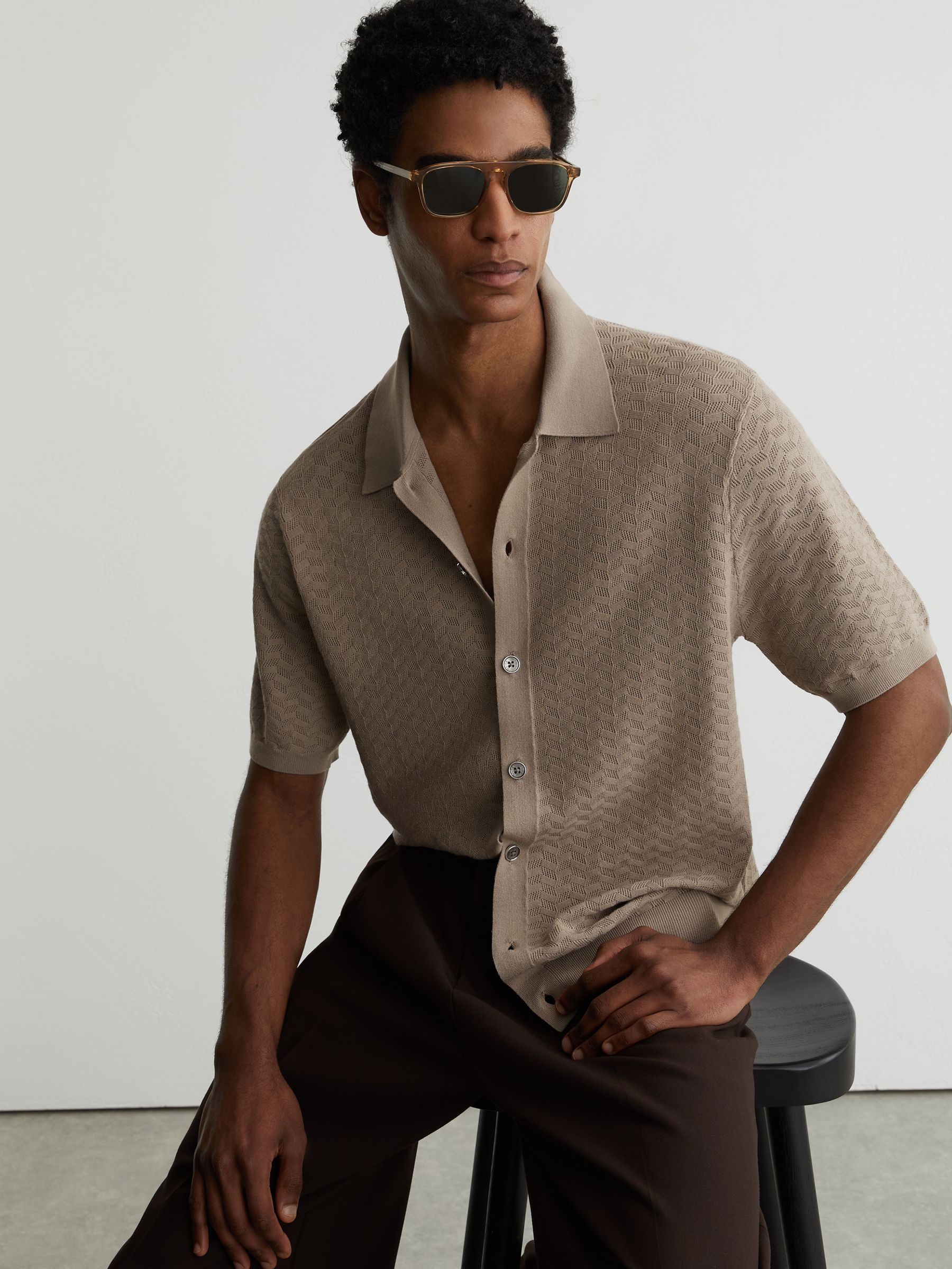 Buy Reiss Taupe Brown Phoenix Textured-Knit Button-Through Shirt