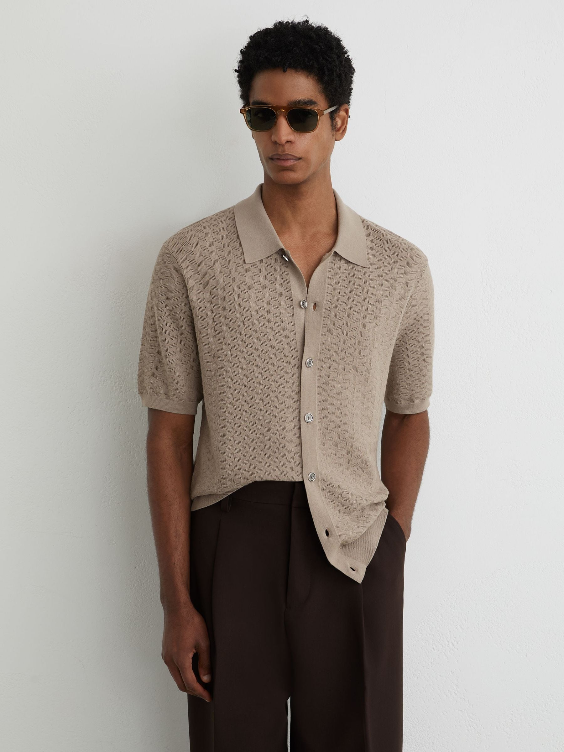 Buy Reiss Taupe Brown Phoenix Textured-Knit Button-Through Shirt