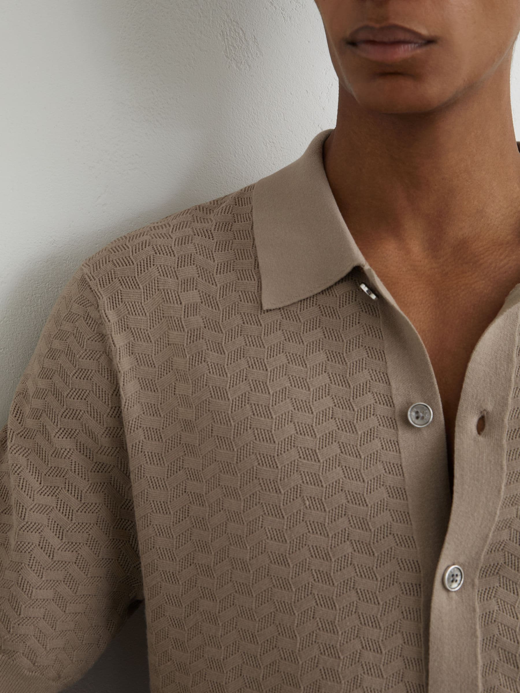 Buy Reiss Taupe Brown Phoenix Textured-Knit Button-Through Shirt