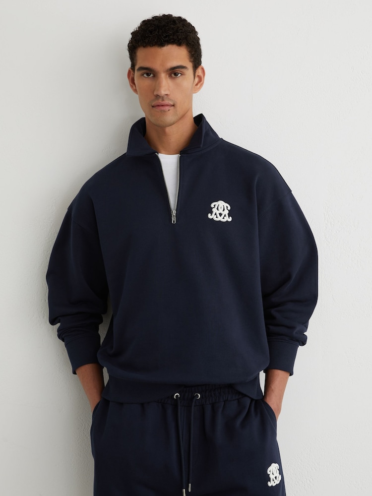 Reiss Navy Avi Monogram Relaxed Half-Zip Sweatshirt - Image 1 of 6