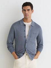 Reiss Airforce Blue Rainham Linen Button-Through Collared Cardigan - Image 1 of 6