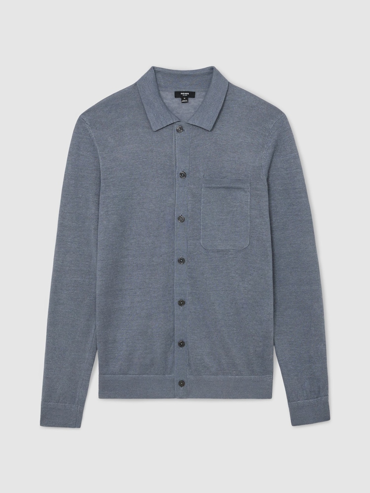 Reiss Airforce Blue Rainham Linen Button-Through Collared Cardigan - Image 2 of 6