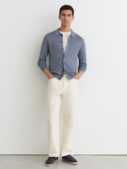 Reiss Airforce Blue Rainham Linen Button-Through Collared Cardigan - Image 4 of 6