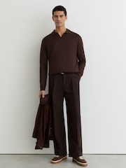 Reiss Chocolate Brown Oaklands Linen Open-Collar Regular-Fit Polo Shirt - Image 1 of 6