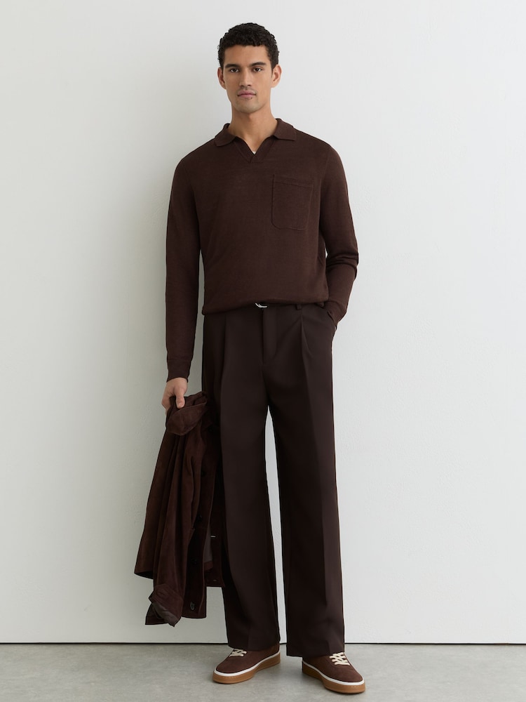Reiss Chocolate Brown Oaklands Linen Open-Collar Regular-Fit Polo Shirt - Image 1 of 6