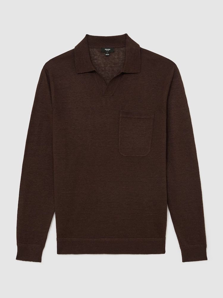 Reiss Chocolate Brown Oaklands Linen Open-Collar Regular-Fit Polo Shirt - Image 2 of 6