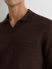 Reiss Chocolate Brown Oaklands Linen Open-Collar Regular-Fit Polo Shirt - Image 4 of 6