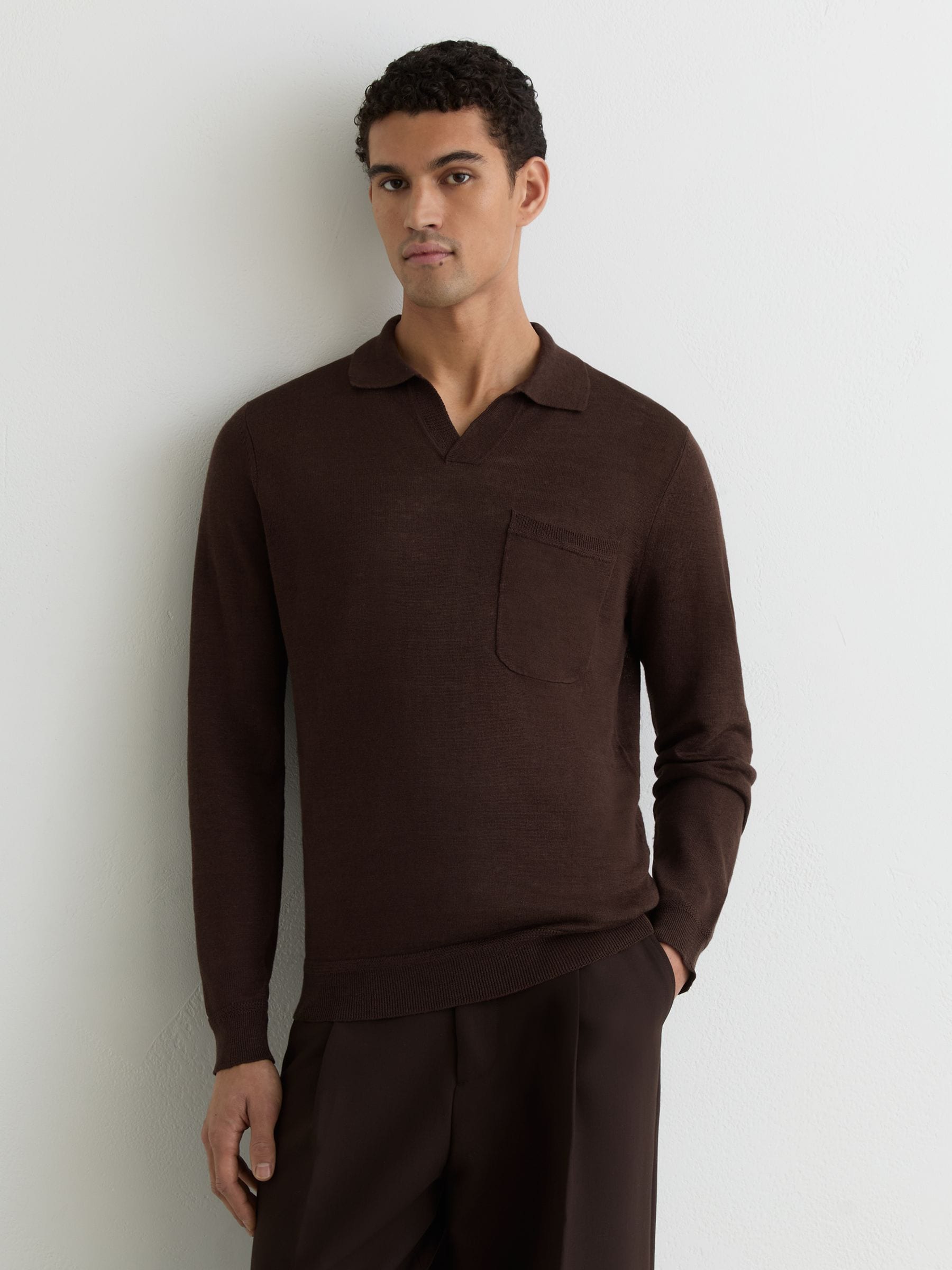 Buy Reiss Chocolate Brown Oaklands Linen Open-Collar Regular-Fit