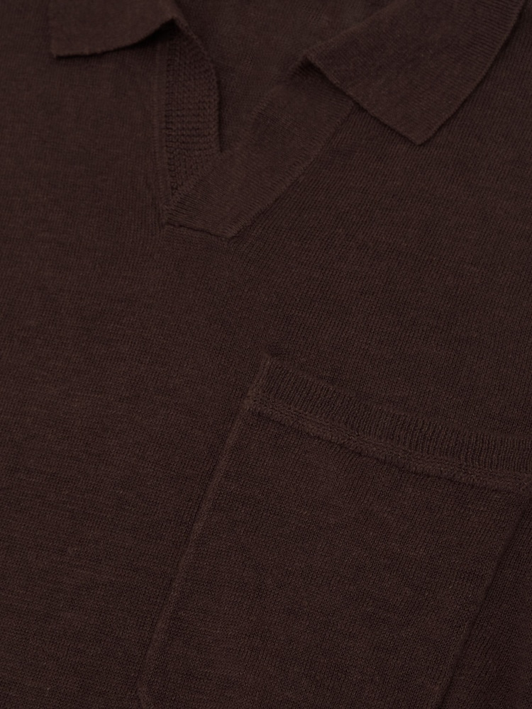 Reiss Chocolate Brown Oaklands Linen Open-Collar Regular-Fit Polo Shirt - Image 6 of 6
