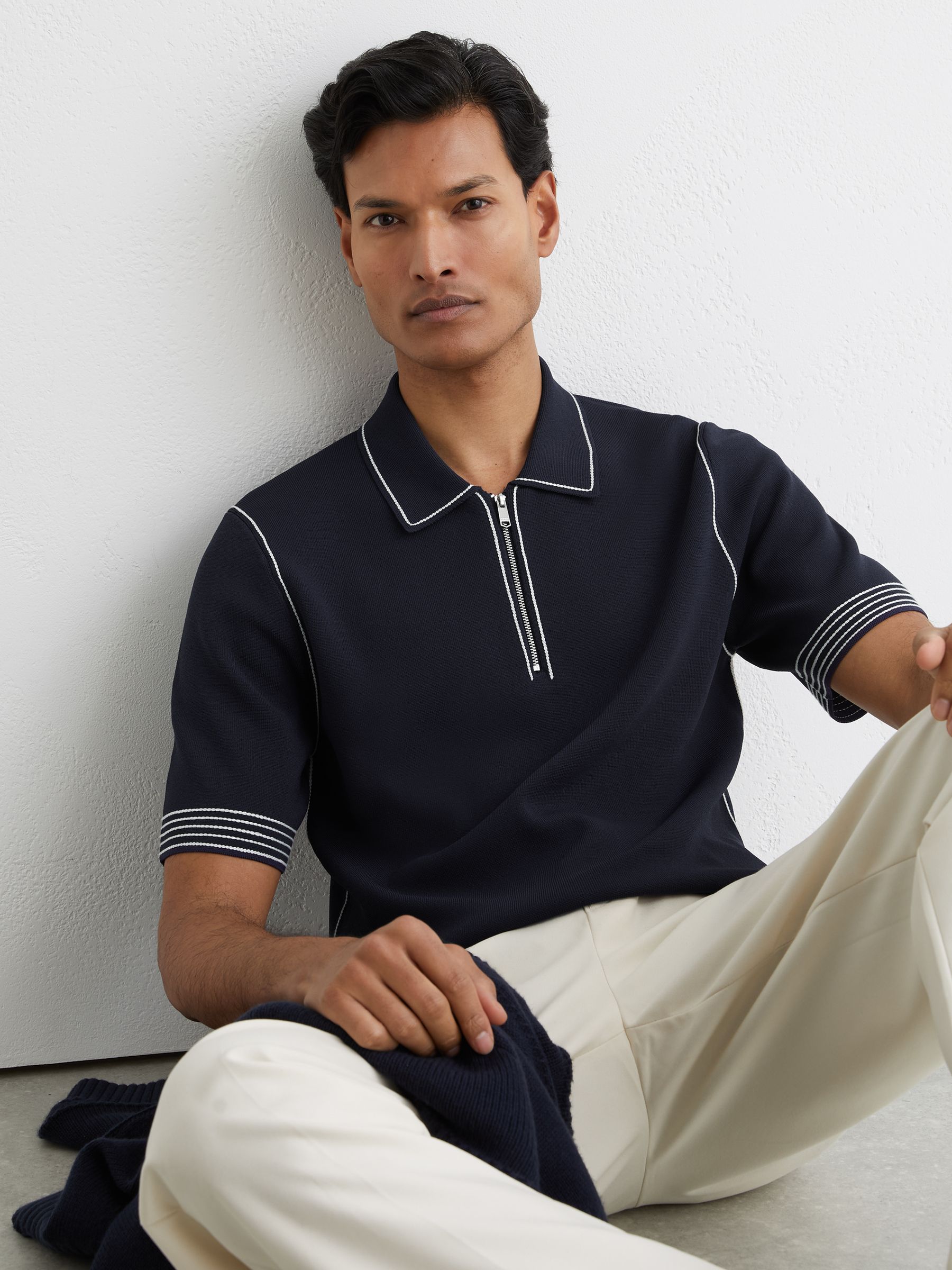 Buy Reiss Navy Mason Stitch-Detail Half-Zip Polo Shirt from Next USA