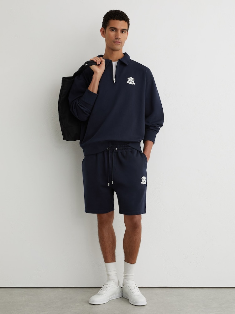 Reiss Navy Levin Monogram Embroidered Cotton Shorts - Image 1 of 6