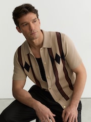 Reiss Camel Brown Axis Argyle-Knit Press-Stud Polo Shirt - Image 1 of 7