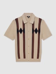 Reiss Camel Brown Axis Argyle-Knit Press-Stud Polo Shirt - Image 2 of 7