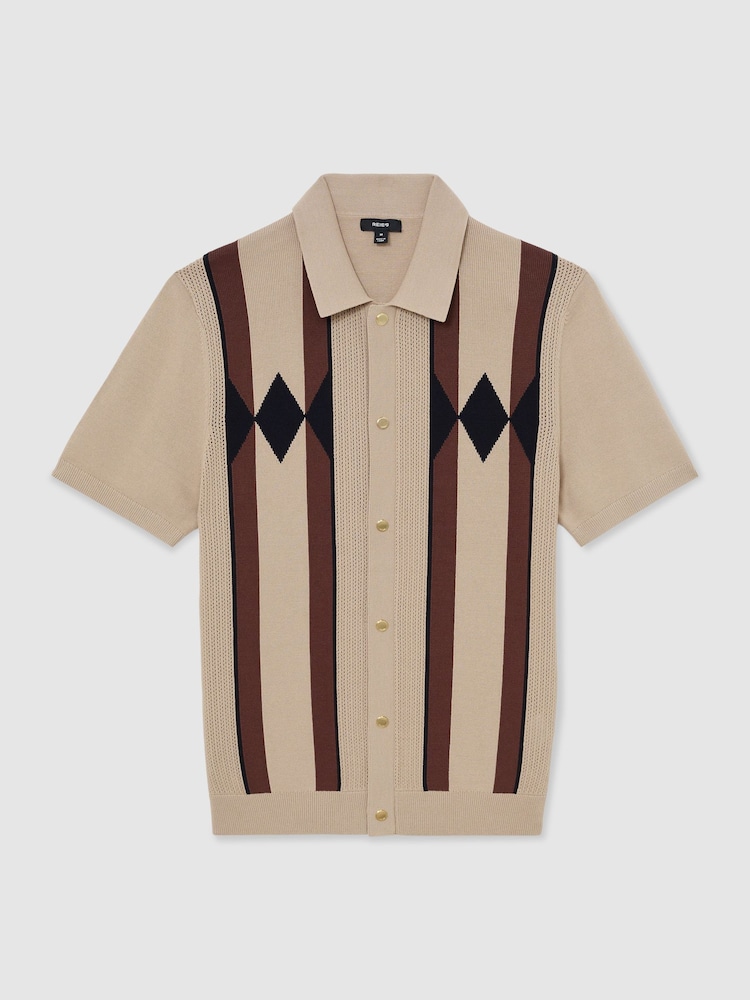 Reiss Camel Brown Axis Argyle-Knit Press-Stud Polo Shirt - Image 2 of 7