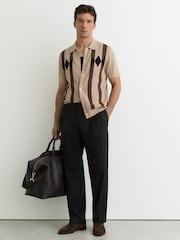 Reiss Camel Brown Axis Argyle-Knit Press-Stud Polo Shirt - Image 3 of 7