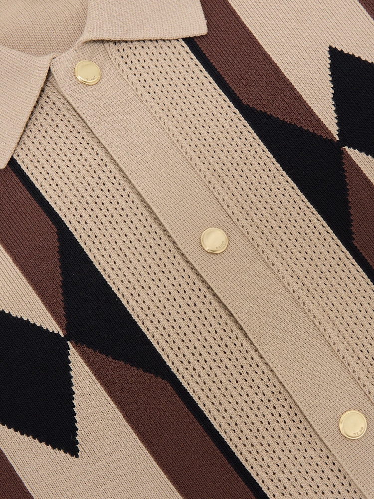 Reiss Camel Brown Axis Argyle-Knit Press-Stud Polo Shirt - Image 7 of 7