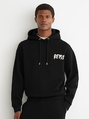Reiss Black Newton Cotton Logo-Print Hoodie - Image 1 of 6