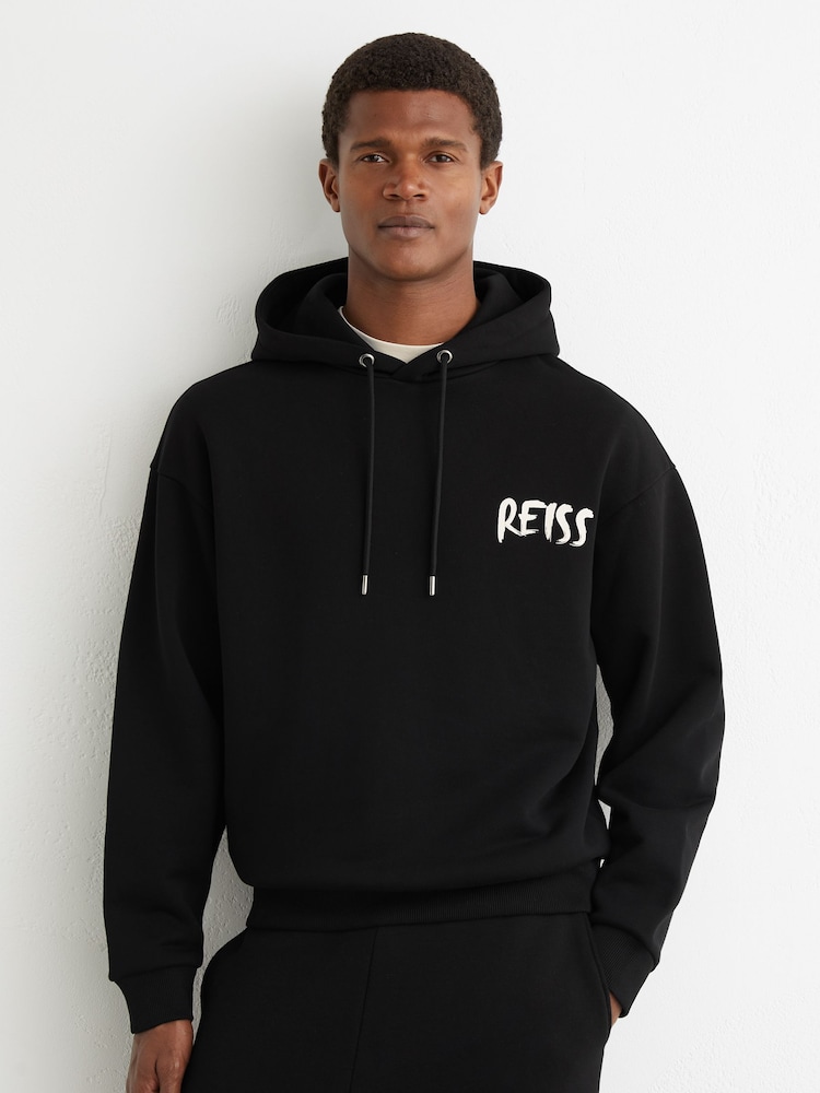 Reiss Black Newton Cotton Logo-Print Hoodie - Image 1 of 6 Reiss Black Newton Cotton Logo-Print Hoodie - Image 1 of 6