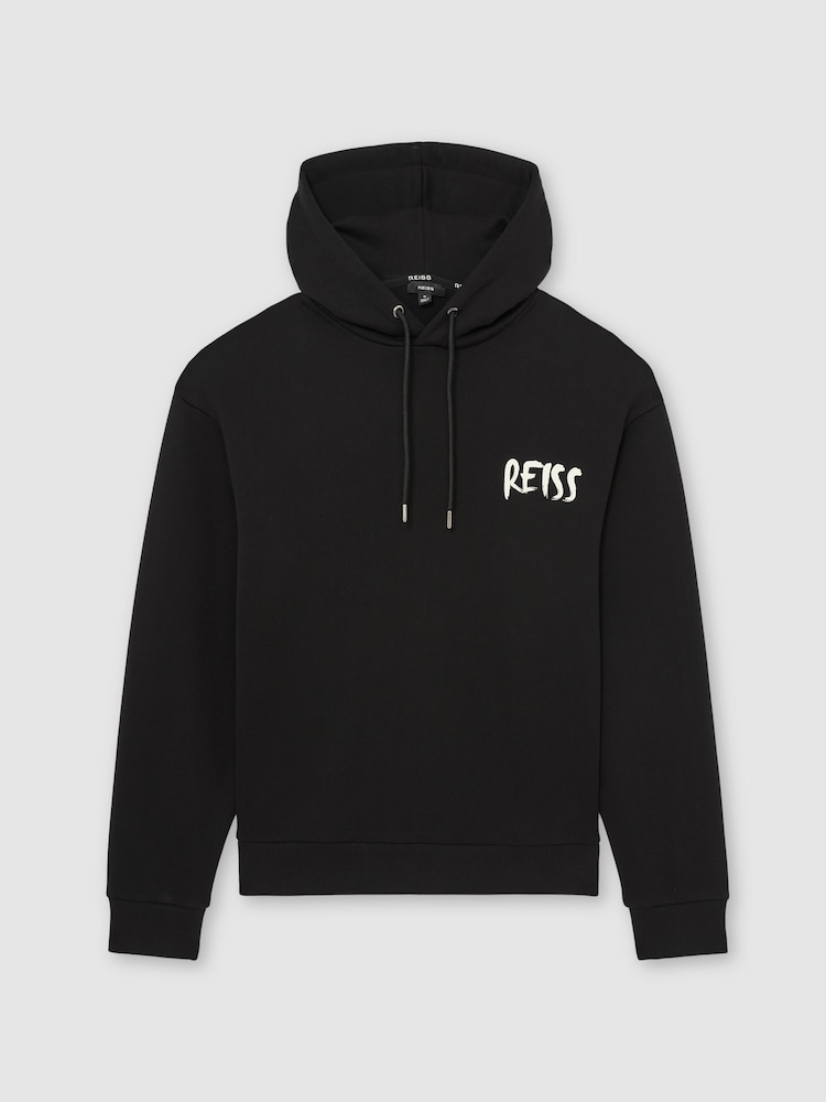 Reiss Black Newton Cotton Logo-Print Hoodie - Image 2 of 6 Reiss Black Newton Cotton Logo-Print Hoodie - Image 2 of 6