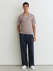 Reiss Light Taupe Brown Newbury Contrast-Stitch Knitted Polo Shirt - Image 1 of 6