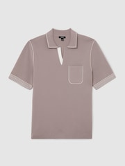 Reiss Light Taupe Brown Newbury Contrast-Stitch Knitted Polo Shirt - Image 2 of 6