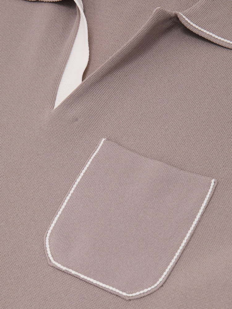 Reiss Light Taupe Brown Newbury Contrast-Stitch Knitted Polo Shirt - Image 6 of 6
