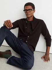 Reiss Chocolate Brown Findlay Merino Wool Wide-Rib Half-Zip Jumper - Image 1 of 6