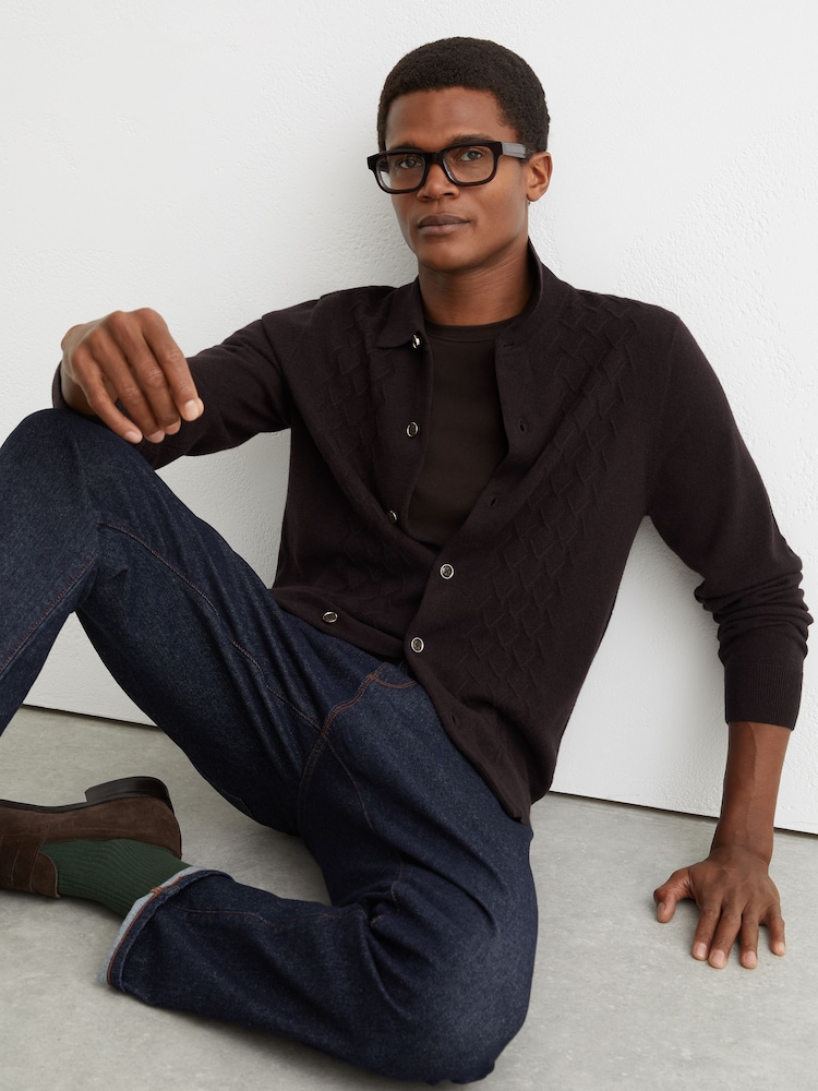 Reiss Chocolate Brown Findlay Merino Wool Wide-Rib Half-Zip Jumper - Image 1 of 6