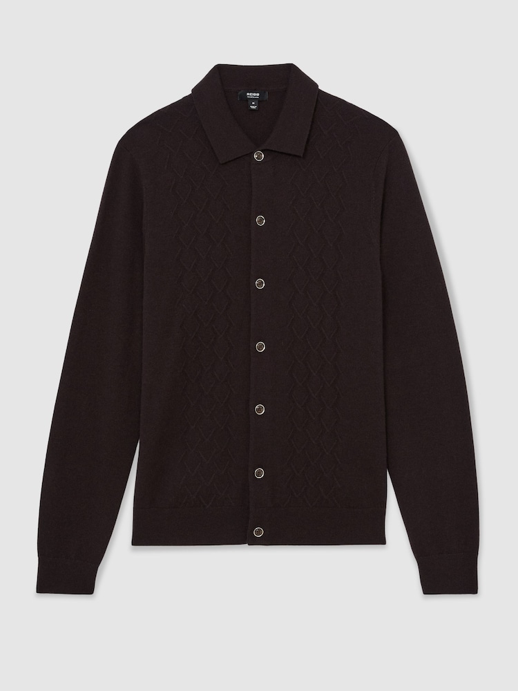 Reiss Chocolate Brown Findlay Merino Wool Wide-Rib Half-Zip Jumper - Image 2 of 6