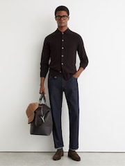 Reiss Chocolate Brown Findlay Merino Wool Wide-Rib Half-Zip Jumper - Image 3 of 6