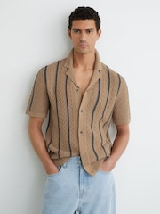 Reiss Light Camel Ellingham Cotton-Blend Textured-Knit Stripe Shirt - Image 1 of 6