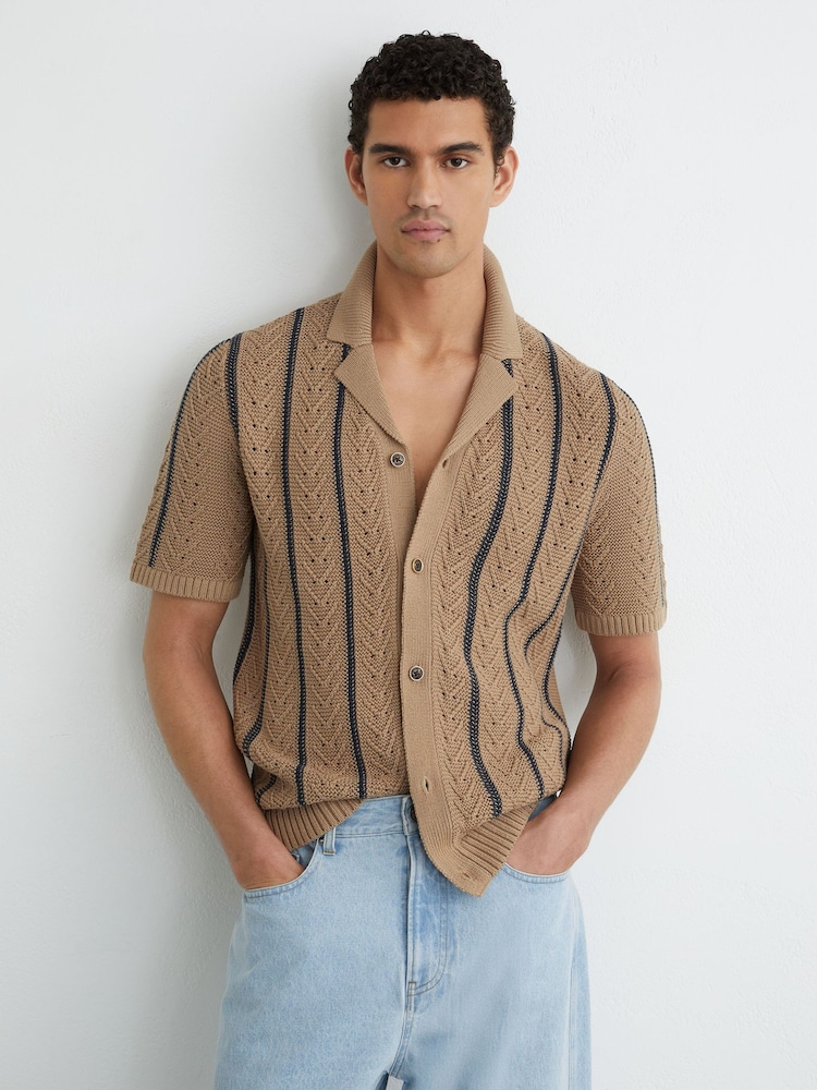 Reiss Light Camel Ellingham Cotton-Blend Textured-Knit Stripe Shirt - Image 1 of 6 Reiss Light Camel Ellingham Cotton-Blend Textured-Knit Stripe Shirt - Image 1 of 6