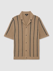Reiss Light Camel Ellingham Cotton-Blend Textured-Knit Stripe Shirt - Image 2 of 6