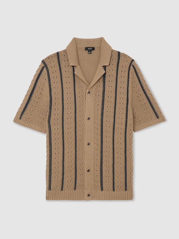 Reiss Light Camel Ellingham Cotton-Blend Textured-Knit Stripe Shirt - Image 2 of 6 Reiss Light Camel Ellingham Cotton-Blend Textured-Knit Stripe Shirt - Image 2 of 6