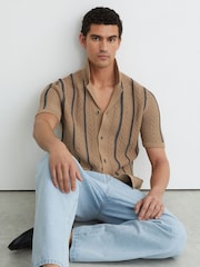 Reiss Light Camel Ellingham Cotton-Blend Textured-Knit Stripe Shirt - Image 3 of 6