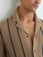 Reiss Light Camel Ellingham Cotton-Blend Textured-Knit Stripe Shirt - Image 4 of 6