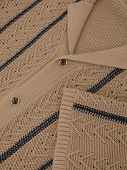 Reiss Light Camel Ellingham Cotton-Blend Textured-Knit Stripe Shirt - Image 6 of 6