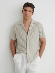 Reiss Soft Sage Green Aurelia Cotton-Blend Stripe Cuban-Collar Shirt - Image 1 of 7