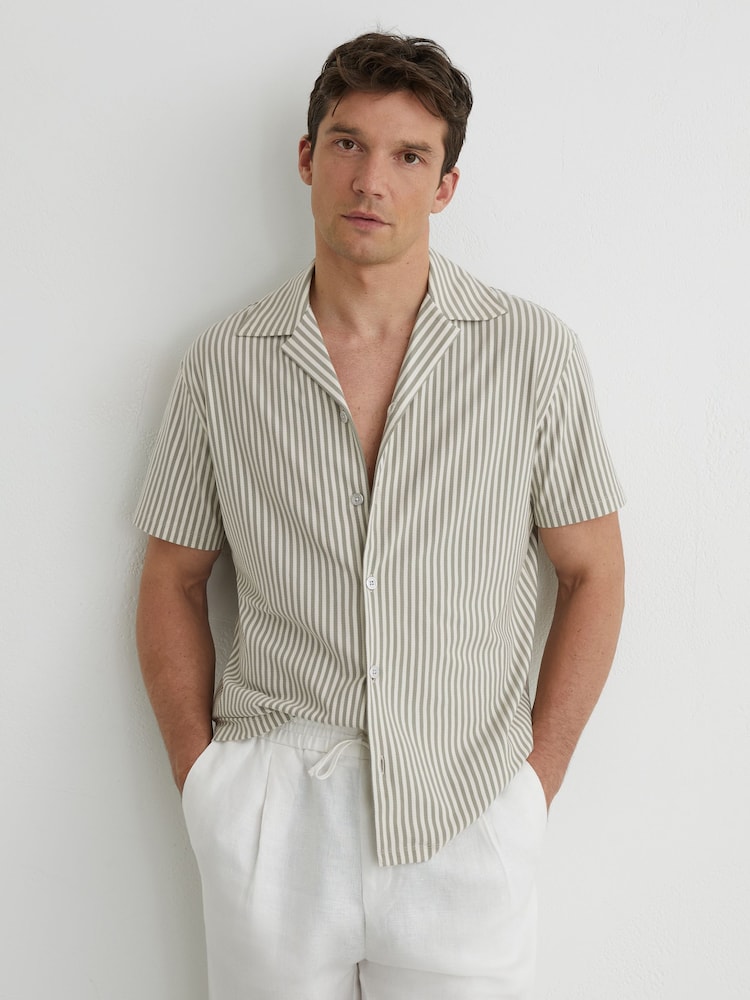 Reiss Soft Sage Green Aurelia Cotton-Blend Stripe Cuban-Collar Shirt - Image 1 of 7